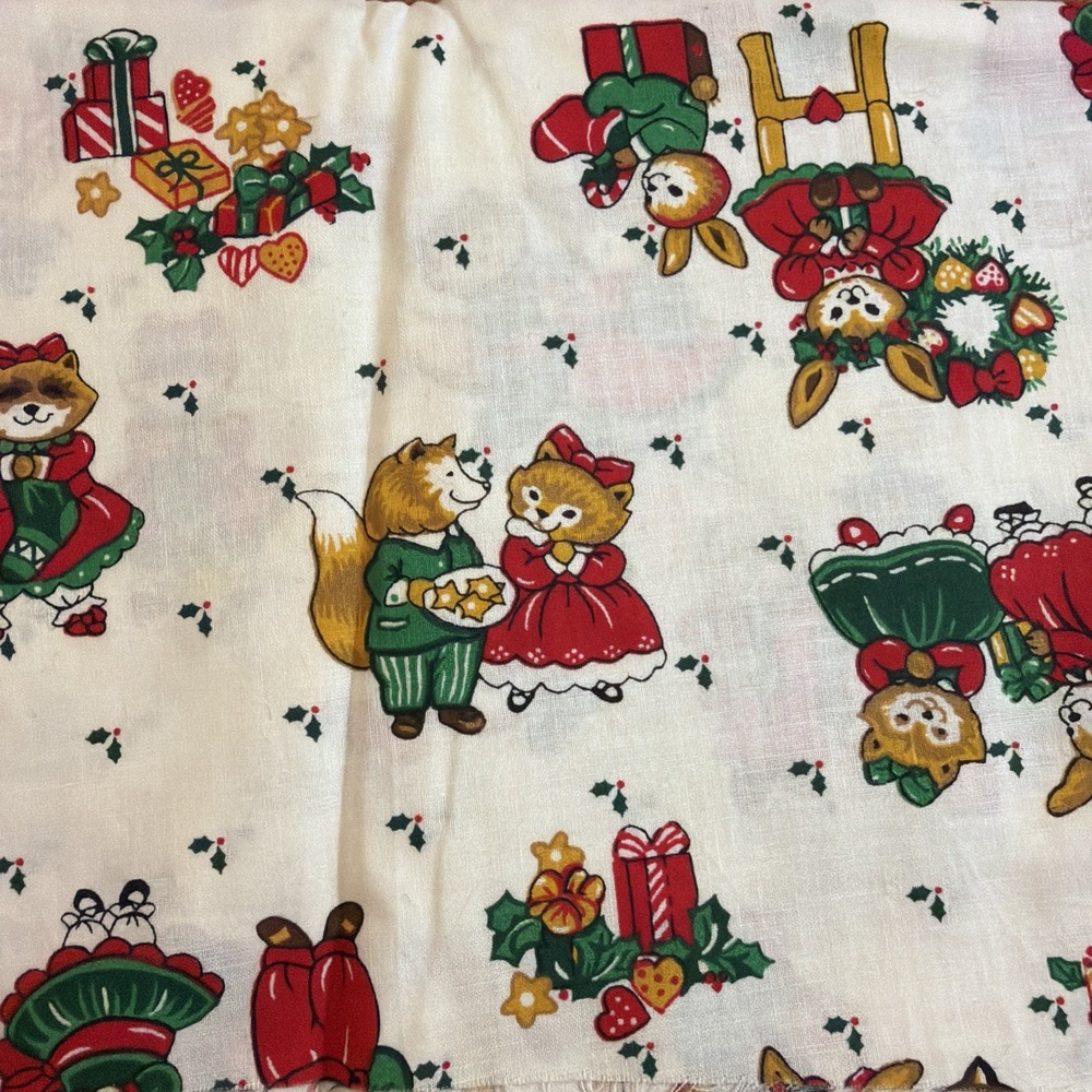 Vtg Hallmark Wsmsutta 1/2 Yard Christmas Fabric Raccoon & Bunnies Dressed Up 44"